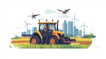Obraz premium Innovation, smart agriculture, solar and wind farms and clean energy Modern Farming Technology: Yellow Tractor and Drones in a Green Field with City Skyline
