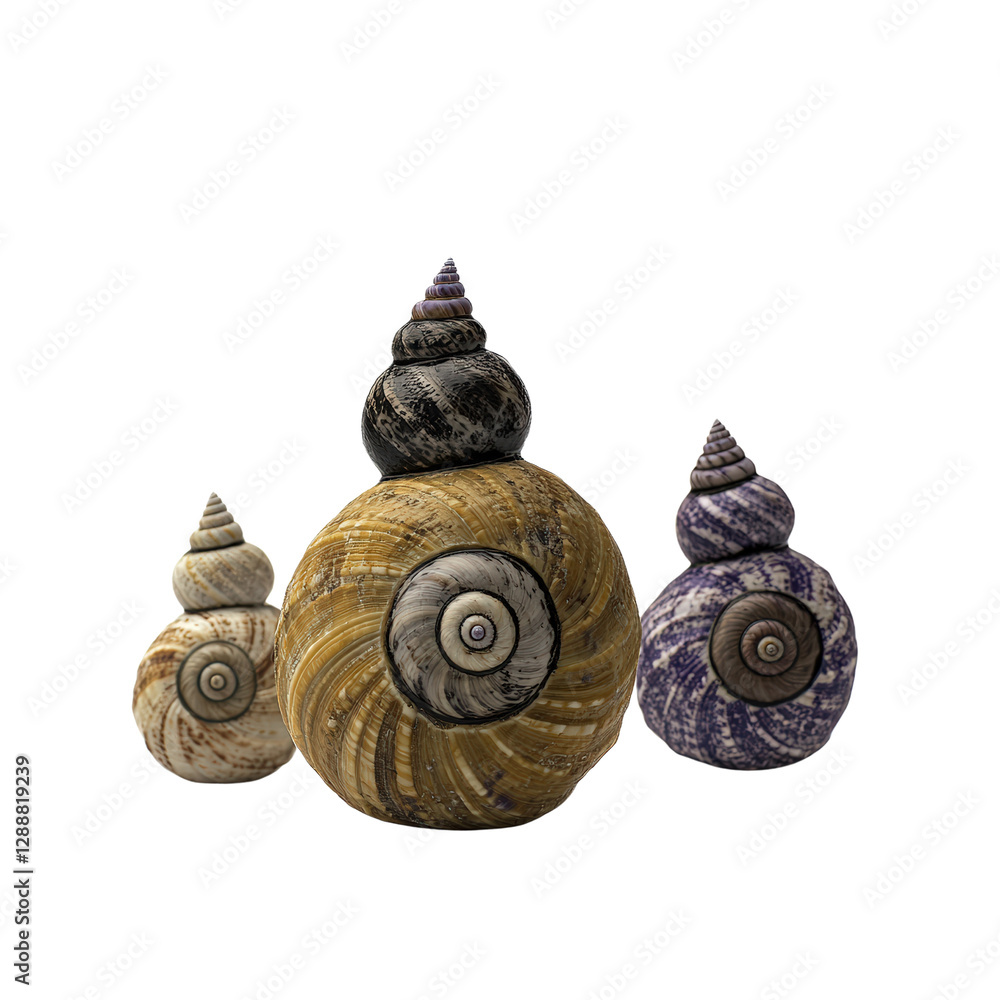 Poster a close-up of a group of snails crawling on a green leaf in a natural outdoor environment isolated o