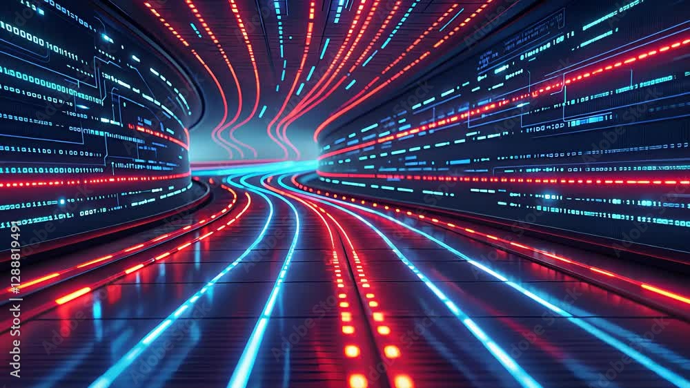 Poster futuristic neon tunnel with glowing red and blue light trails creating a high-tech digital pathway