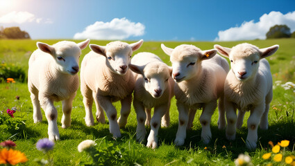Fototapeta premium A group of gorgeous lambs standing together in a lush green field, their soft white wool glowing under the gentle sunlight.