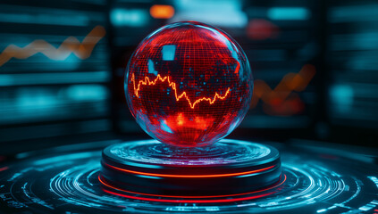 transparent crystal ball with glowing red hue displays financial data trends, surrounded by digital interfaces and graphs. futuristic design evokes sense of technology and analysis