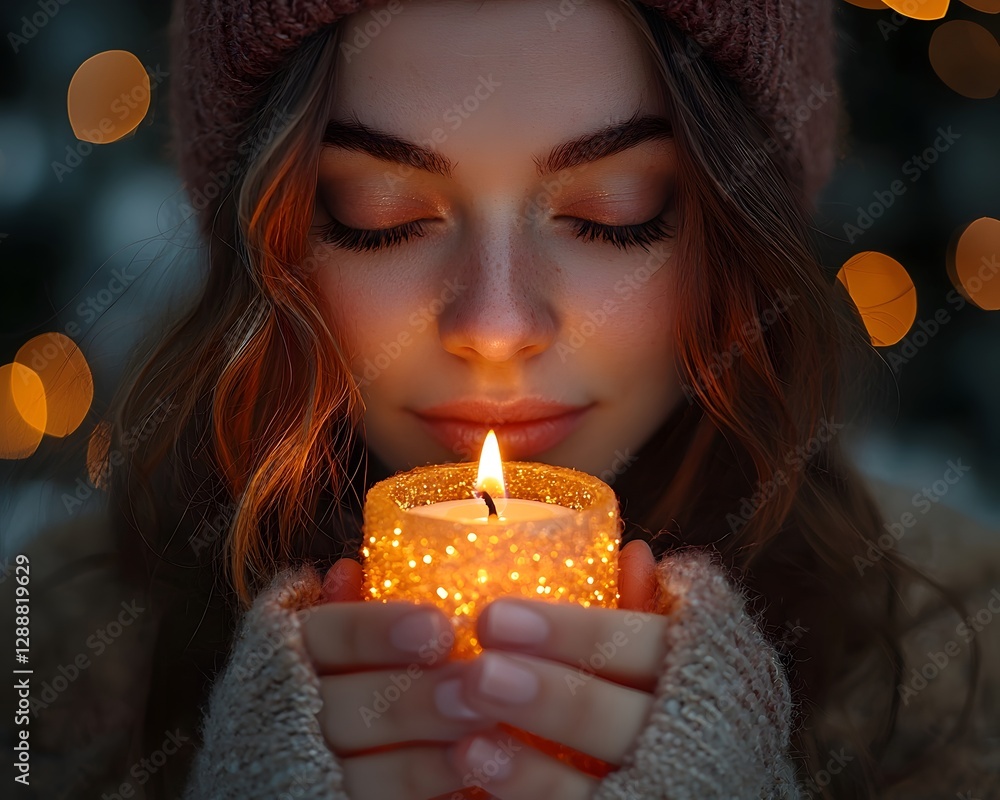 Wall mural Serene Portrait of Person Lighting the First Advent Candle with Soft Glow Reflection on Thoughtful Expression