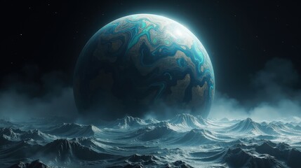 A colossal planet covered in swirling liquid metal, its surface shifting like mercury, reflecting the cosmic void in ever-changing waves.