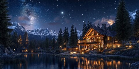 Fototapeta premium Mountain Cabin Lakeside Night Milky Way Stars