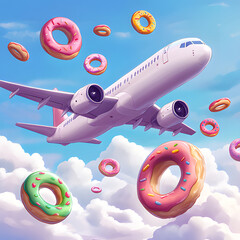 Airplane soaring through clouds surrounded by colorful donuts in a whimsical sky