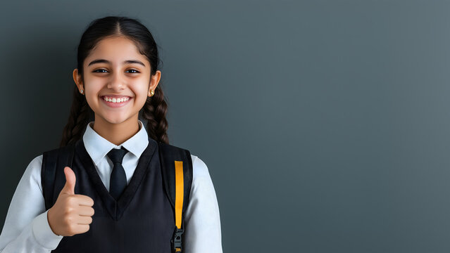 Young Indian School Girl In School Uniform Thumbs Up
