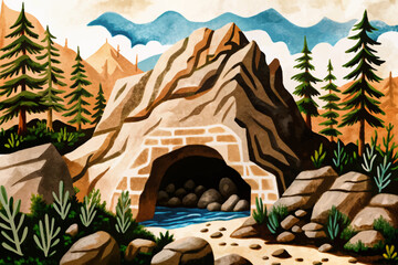 Obraz premium rocky cave in the forest with mountains and trees cartoon illustration