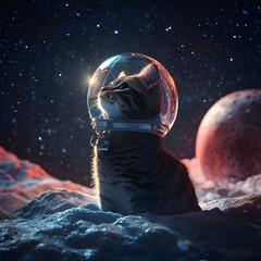 Cat wearing space helmet explores alien landscape under starry sky