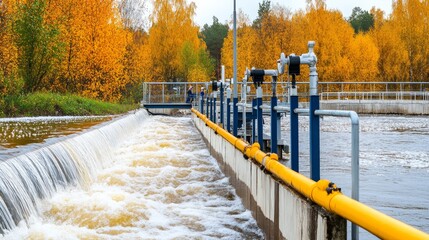 Water treatment facility with flowing water and autumn foliage in the background, showcasing infrastructure