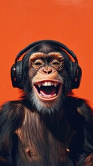 Chimpanzee wearing black headphones on an orange background, laughing expression. Fun and music concept
