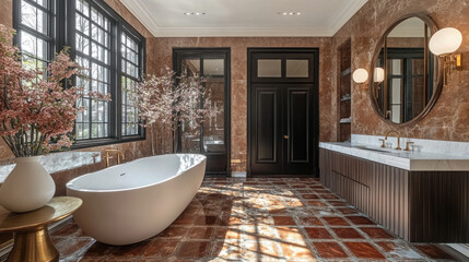 An editorial photograph of a grand traditional master bathroom with a tall ceiling. An accent wall brown marble with expressive veining, modern traditional style.