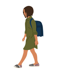 Kid girl walking to school with backpack side view. Child vector illustration isolated