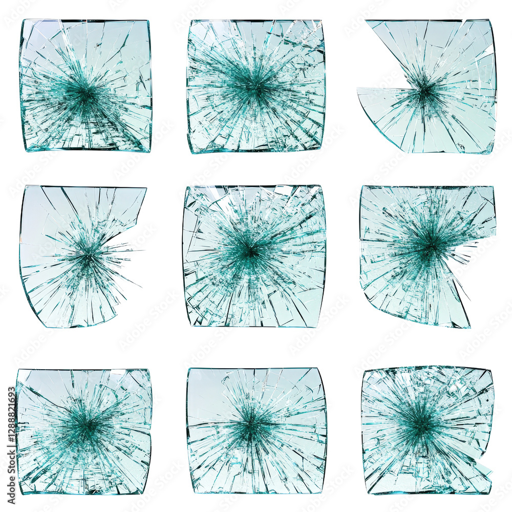 Poster broken glass fragments scattered on a black background creating an abstract texture and pattern isol