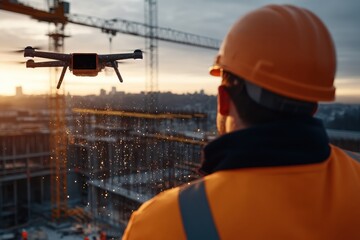 Fototapeta premium A construction worker operating a drone at sunset, capturing aerial images of the site, illustrating modern technology's role in the building and construction industry.