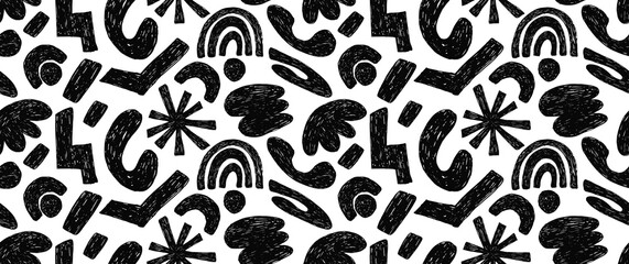 Naklejka premium Groovy seamless pattern with bold geometric bizarre shapes in trendy crayon drawing style. Bold pencil abstract shapes forming a pattern. Trendy black and white design