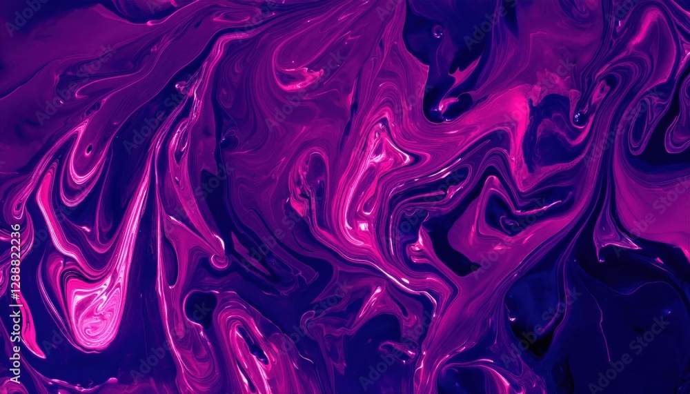 Poster abstract purple fluid art with swirling patterns, vibrant neon paint mixed in a dynamic composition 