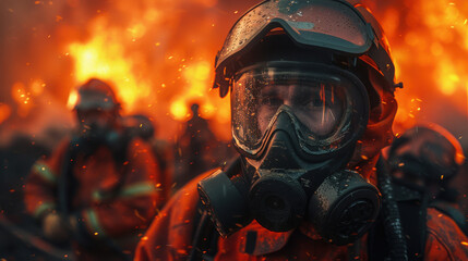 Firefighters are fighting the fire to put out the fire, the black smoke of the burning fire and the late hour of the day are reflected in the expressive strained eyes of their faces.