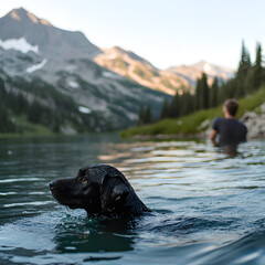 Black dog swims in the calm lake while its owner enjoys nature in the mountains at sunset