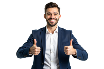Happy young businessman in suit gives thumbs up, smiling confidently. Ideal for corporate, approval, success, agreement, and positive messages. Isolated on transparent background.