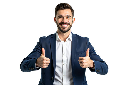 Happy young businessman in suit gives thumbs up, smiling confidently. Ideal for corporate, approval, success, agreement, and positive messages. Isolated on transparent background.