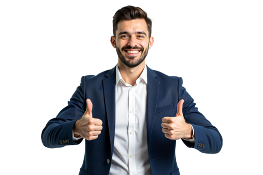 Happy young businessman in suit gives thumbs up, smiling confidently. Ideal for corporate, approval, success, agreement, and positive messages. Isolated on transparent background.