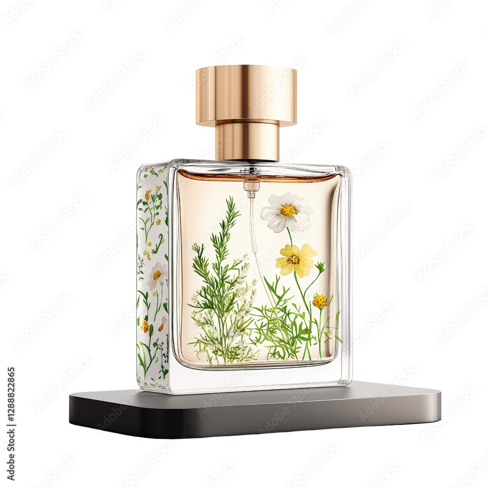 Poster floral designed perfume bottle with intricate details and elegant shape on a neutral background isol