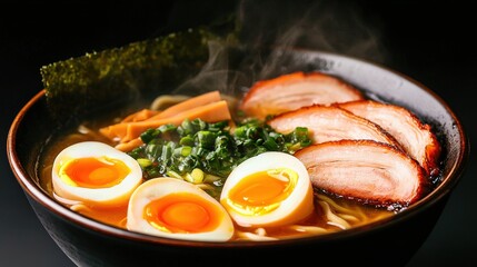 Delicious Ramen Bowl with Soft-Boiled Eggs and Tender Pork Slices