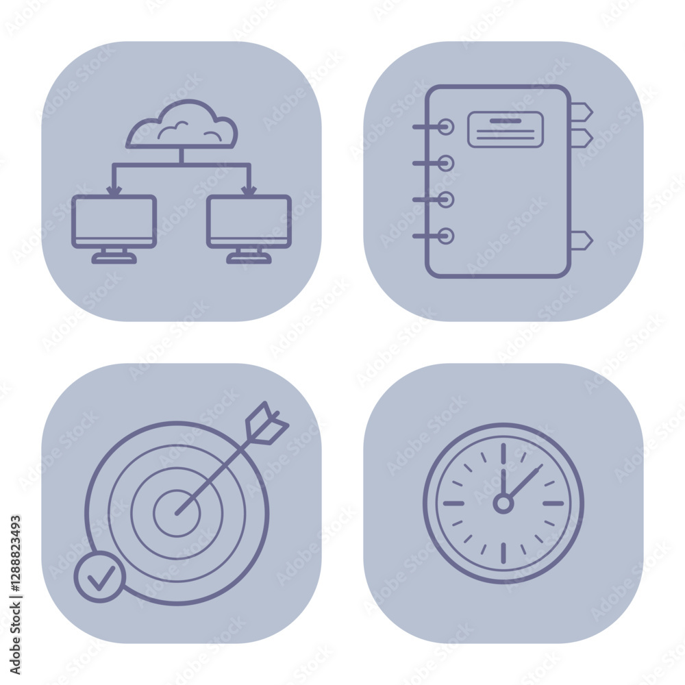 Poster collection of four office icons, displaying concepts like cloud networking, note-taking, goal target