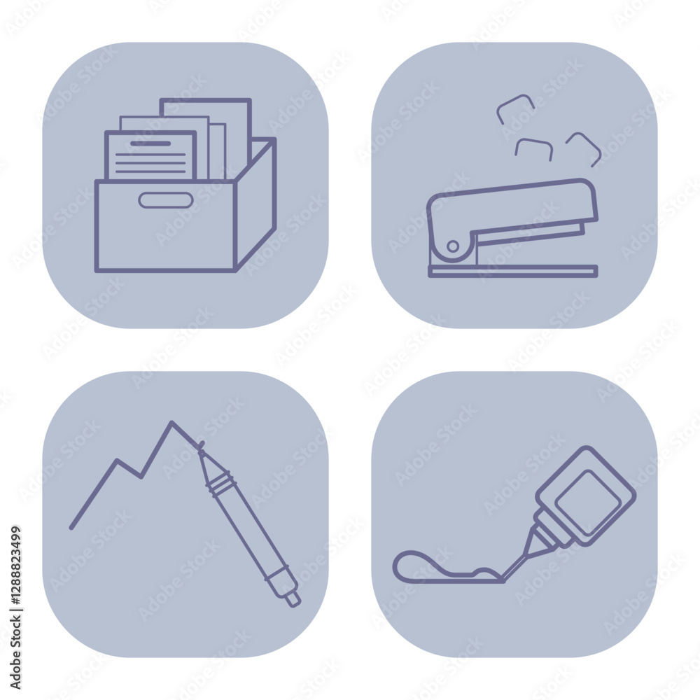Poster collection of office line icons with various workspace activities like filing documents, stapling pa
