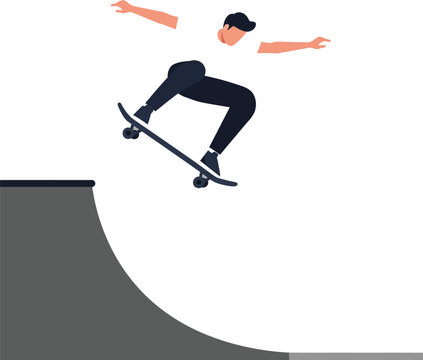 Skateboarder performing an aerial trick over a half-pipe ramp in a dynamic pose