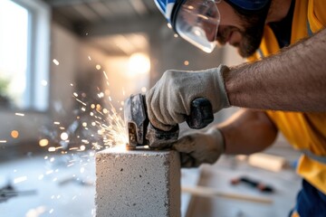 A worker grinds concrete while sparks fly around, showcasing a dynamic moment of manual labor in a construction site, emphasizing expertise and safety gear.