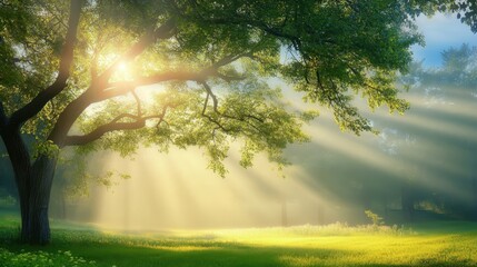 Sun rays shining through the misty forest 