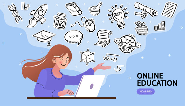 Online education concept. Welcome back to school. Flat design pattern with child. Laptop with educational app in the screen. E-learning platform. Distance lessons, video course, internet class. vector