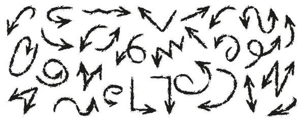Set of black charcoal arrows. Doodle arrow icons