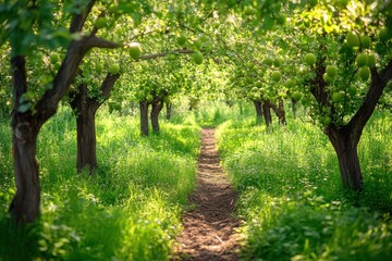 Fototapeta premium organic produce Lush green orchard with trees lining a sunlit path, inviting exploration and tranquility.