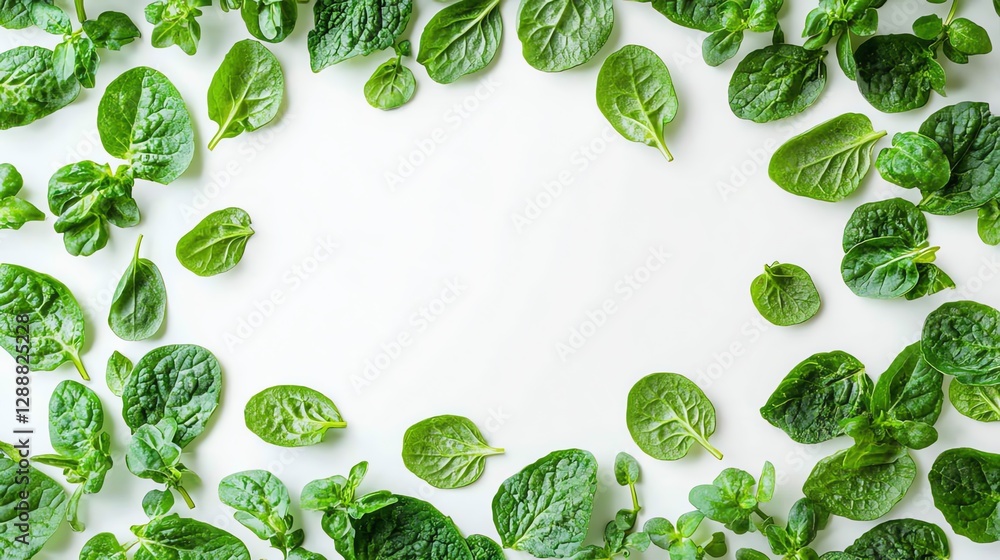 Poster fresh spinach and herbs arranged on white surface creating frame