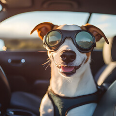 Happy dog wearing sunglasses in a car during sunset road trip
