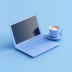 Fototapeta premium Minimalist Blue Workspace with Laptop and Coffee Cup on Surface