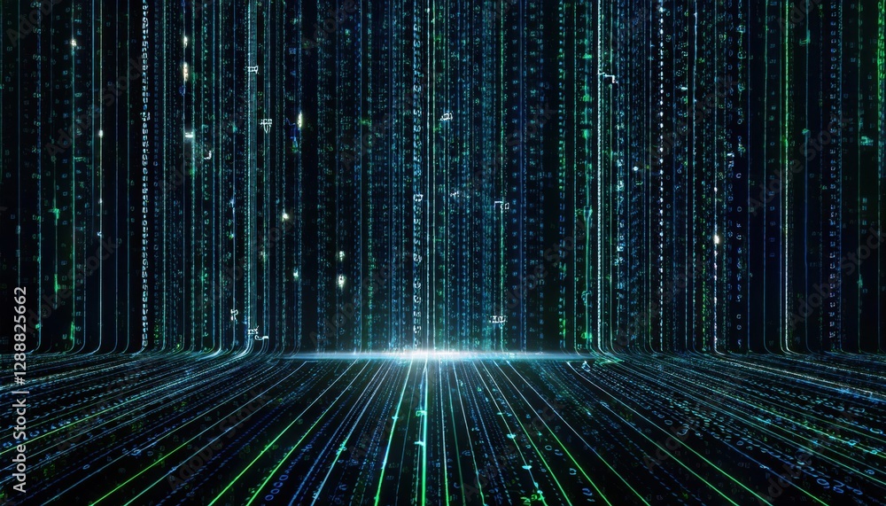 Aufkleber digital matrix of glowing green binary code lines and interconnected circuits, futuristic tech background