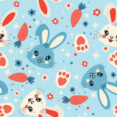 Cute Kawaii Bunny Seamless Pattern with Carrots and Flowers on a Soft Blue Background