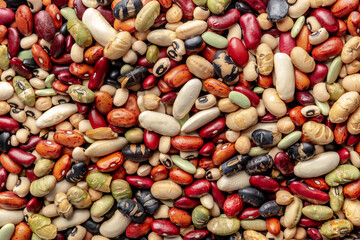 Legumes texture. Pulses banner design. Many different beans and grains, overhead flat lay shot....
