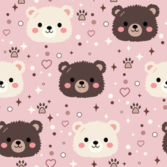 Cute Kawaii Bear Seamless Pattern on Soft Pink Background