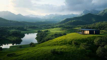 modern architectural house on grassy hill overlooking serene lake and mountains. landscape features lush greenery and tranquil atmosphere, perfect for relaxation