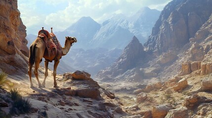 Camel Trekking Through the Majestic Desert Landscape and Mountain Range