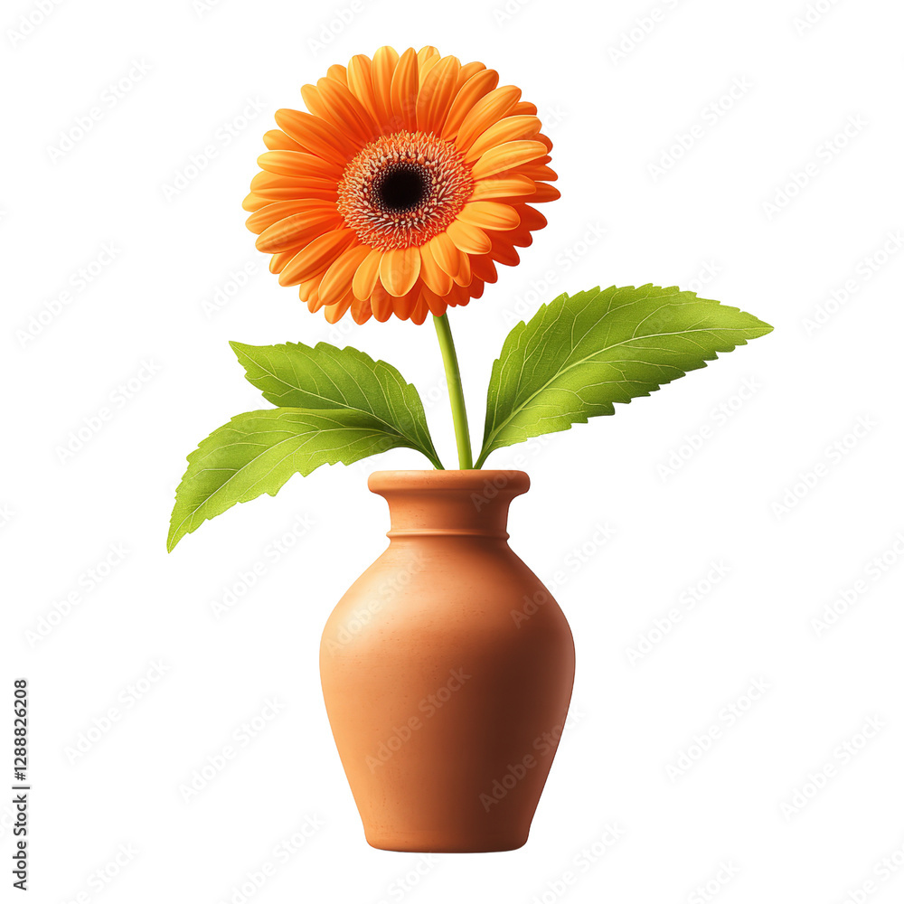 Poster vase with a single flower placed on a wooden table in a well-lit indoor environment isolated on tran