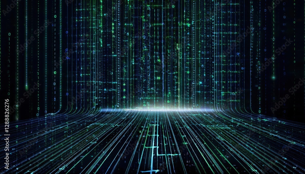 Fototapete digital matrix of glowing green binary code lines and interconnected circuits, futuristic tech background