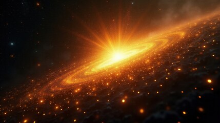 Obraz premium A silent explosion of golden particles frozen in space, each tiny fragment glowing with the energy of a dying star, weightless and infinite.