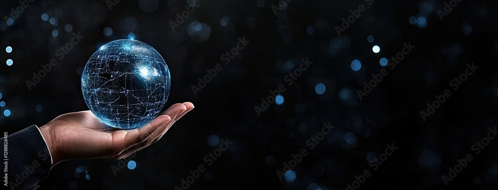 Aufkleber a hand interacts with a hologram displaying a global network and financial data, illustrating advanc