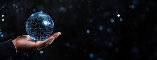A hand interacts with a hologram displaying a global network and financial data, illustrating advanced technology in business