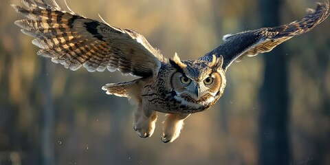 Obraz premium Owl taking off, feathers fluffed in liftoff motion.
